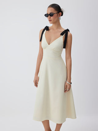Linen-blend Sweetheart Neck Bowknot Lace-up A-line Maxi Dress
