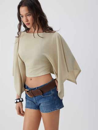 Textured Boat Neck Batwing Sleeve Asymmetrical Oversized Top