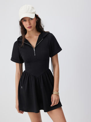 Knit Fabric Cotton-blend Hooded Short Sleeve Drawstring Metal Detail A-line Mini Dress For School Daily Casual