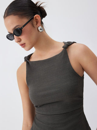 Textured Boat Neck Knotted Ruched Top & Mid Rise Capri Pants Set
