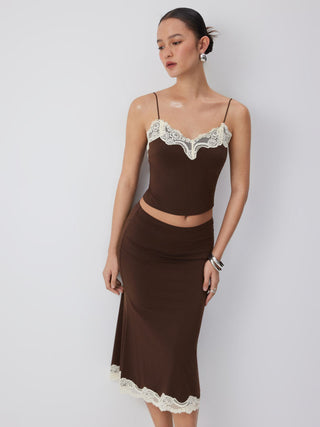 Knit Fabric Lace Trim V-neck Cami Top & Low Rise Midi Skirt Set For Daily Casual Date
