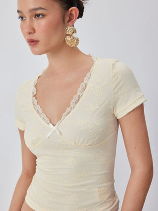 Jacquard Floral V-neck Lace Panel Bowknot Crop Tee