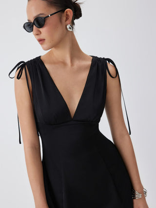 Satin V-neck Drawstring A-line Mini Dress