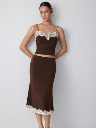 Knit Fabric Lace Trim V-neck Cami Top & Low Rise Midi Skirt Set For Daily Casual Date