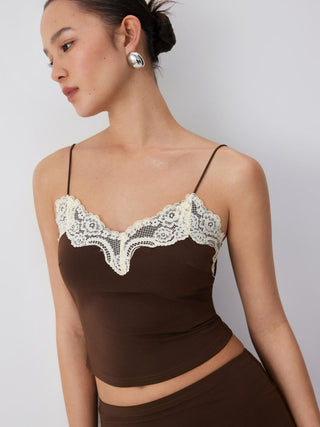 Knit Fabric Lace Trim V-neck Cami Top & Low Rise Midi Skirt Set For Daily Casual Date