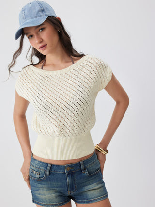 Knit Cotton-blend Pointelle Asymmetrical Neck Oversized Top
