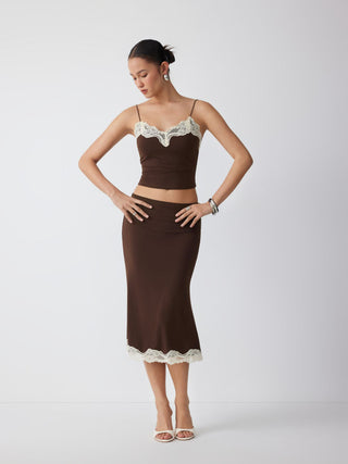 Knit Fabric Lace Trim V-neck Cami Top & Low Rise Midi Skirt Set For Daily Casual Date