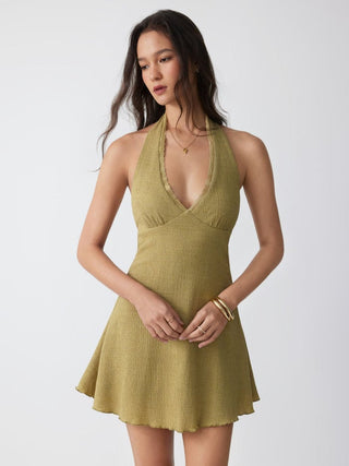 Textured Halter Neck Lace Trim A-line Mini Dress