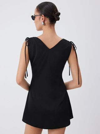 Satin V-neck Drawstring A-line Mini Dress