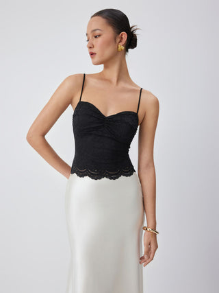 Lace V-neck Scallop Trim Ruched Cami Top