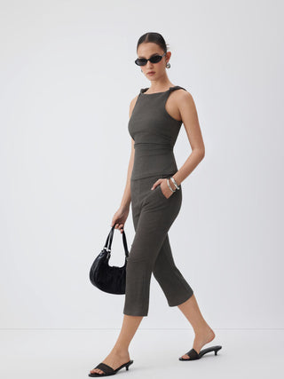 Textured Boat Neck Knotted Ruched Top & Mid Rise Capri Pants Set