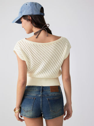 Knit Cotton-blend Pointelle Asymmetrical Neck Oversized Top