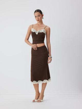 Knit Fabric Lace Trim V-neck Cami Top & Low Rise Midi Skirt Set For Daily Casual Date