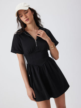 Knit Fabric Cotton-blend Hooded Short Sleeve Drawstring Metal Detail A-line Mini Dress For School Daily Casual