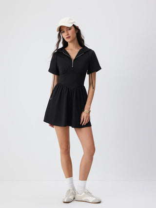Knit Fabric Cotton-blend Hooded Short Sleeve Drawstring Metal Detail A-line Mini Dress For School Daily Casual
