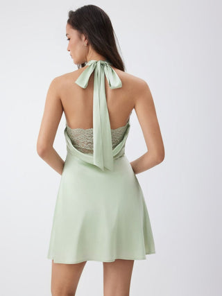 Satin Halter Neckline Backless Bowknot A-line Mini Dress