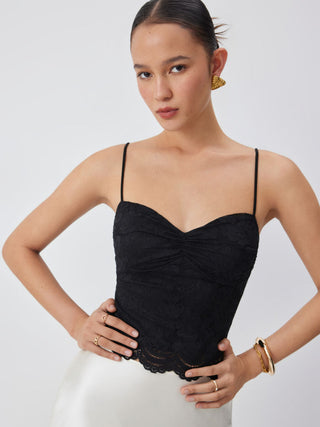 Lace V-neck Scallop Trim Ruched Cami Top