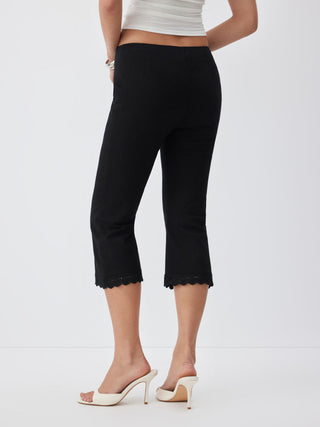 Cotton-blend Low Rise Lace Trim Flared Capri Trousers