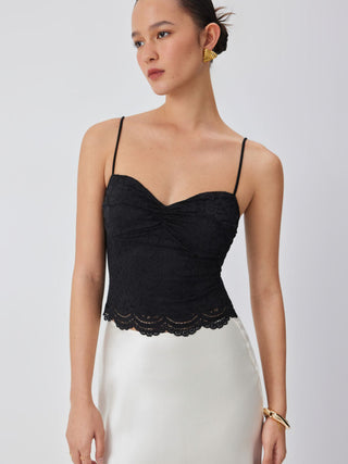 Lace V-neck Scallop Trim Ruched Cami Top