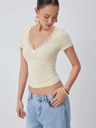 Jacquard Floral V-neck Lace Panel Bowknot Crop Tee