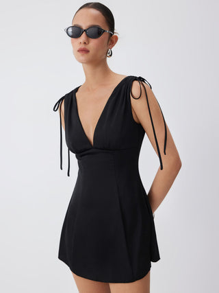 Satin V-neck Drawstring A-line Mini Dress