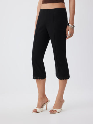 Cotton-blend Low Rise Lace Trim Flared Capri Trousers