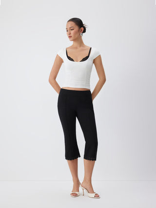 Cotton-blend Low Rise Lace Trim Flared Capri Trousers