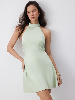 Satin Halter Neckline Backless Bowknot A-line Mini Dress