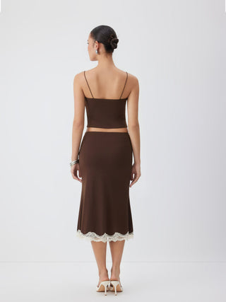 Knit Fabric Lace Trim V-neck Cami Top & Low Rise Midi Skirt Set For Daily Casual Date