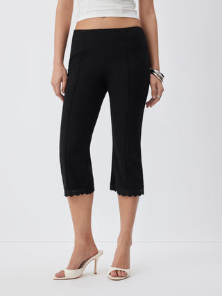 Cotton-blend Low Rise Lace Trim Flared Capri Trousers