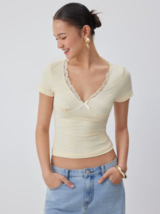 Jacquard Floral V-neck Lace Panel Bowknot Crop Tee