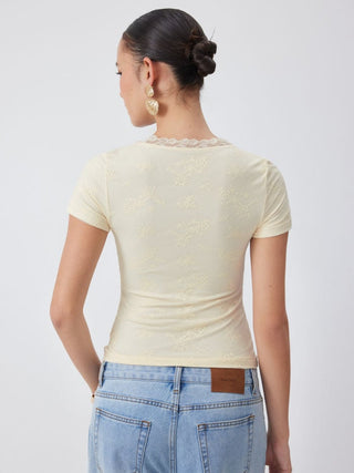 Jacquard Floral V-neck Lace Panel Bowknot Crop Tee