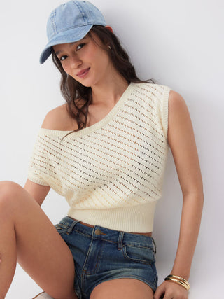Knit Cotton-blend Pointelle Asymmetrical Neck Oversized Top