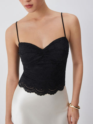 Lace V-neck Scallop Trim Ruched Cami Top