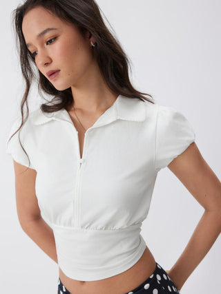 Knit Fabric Cotton-blend Polo Neck Puff Sleeve Drawstring Top For School Daily Casual