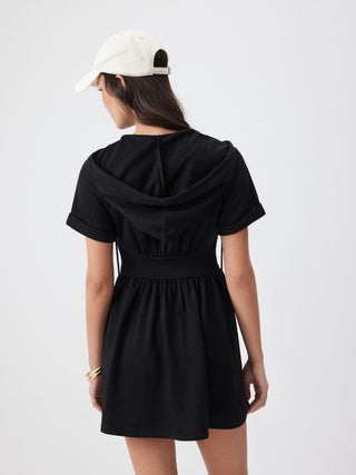 Knit Fabric Cotton-blend Hooded Short Sleeve Drawstring Metal Detail A-line Mini Dress For School Daily Casual