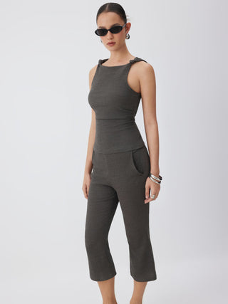 Textured Boat Neck Knotted Ruched Top & Mid Rise Capri Pants Set