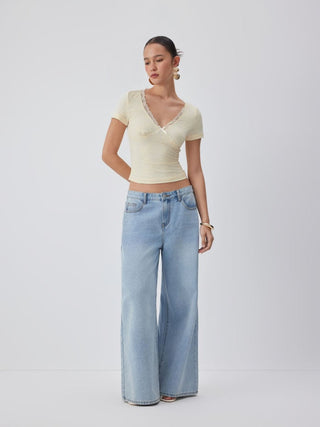 Jacquard Floral V-neck Lace Panel Bowknot Crop Tee