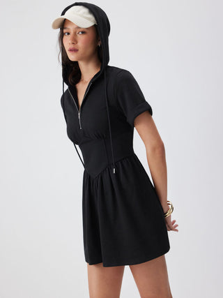 Knit Fabric Cotton-blend Hooded Short Sleeve Drawstring Metal Detail A-line Mini Dress For School Daily Casual