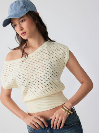 Knit Cotton-blend Pointelle Asymmetrical Neck Oversized Top