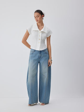 Cotton Notched Collar Short Sleeve Button Through Blouse