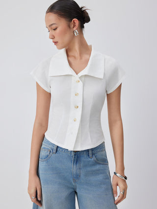 Cotton Notched Collar Short Sleeve Button Through Blouse