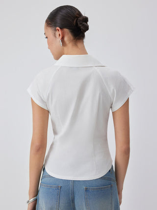 Cotton Notched Collar Short Sleeve Button Through Blouse