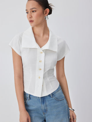 Cotton Notched Collar Short Sleeve Button Through Blouse