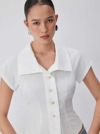 Cotton Notched Collar Short Sleeve Button Through Blouse