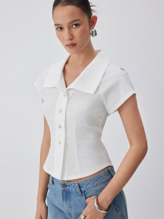 Cotton Notched Collar Short Sleeve Button Through Blouse