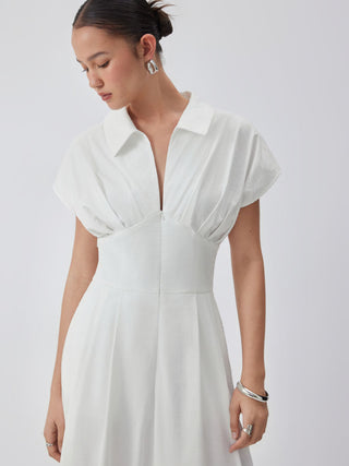 Short Sleeve Draped Pocket Flared Maxi Dress