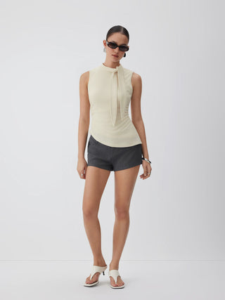 Knit Fabric Stand Collar Tie-Neck Ruched Stitch Tank Top For Daily Casual Work