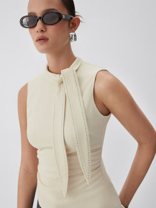 Knit Fabric Stand Collar Tie-Neck Ruched Stitch Tank Top For Daily Casual Work