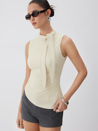 Knit Fabric Stand Collar Tie-Neck Ruched Stitch Tank Top For Daily Casual Work